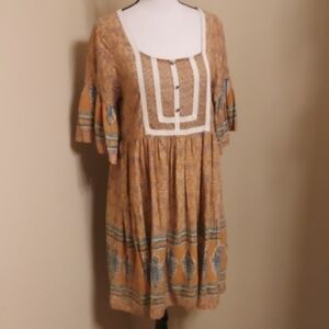 Umgee Mustard Floral Mini Babydoll Dress with Square Neckline